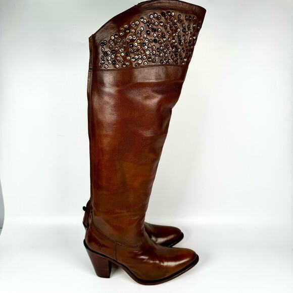 FRYE Demi Brown Tall Leather Studded Over The Knee Heeled Riding Boots Size 7 - Picture 7 of 11